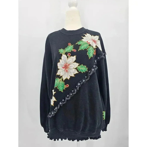 Vtg Jerzees Homemade Women's XL Christmas Poinsettia Ruffle Crewneck Sweater - Picture 1 of 7